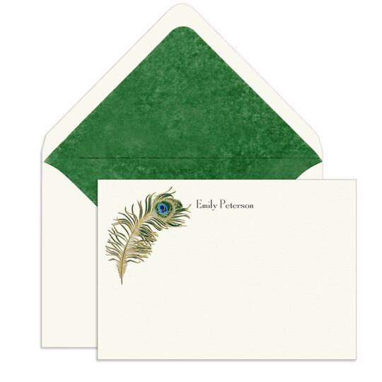 Peacock Feather Engraved Motif Flat Note Cards